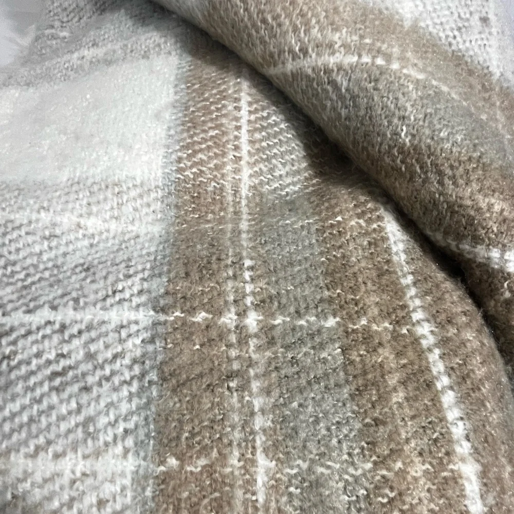 Pottery Barn Stewart Plaid Faux Fur Back Throw - Cream Tan Gray 50x60in